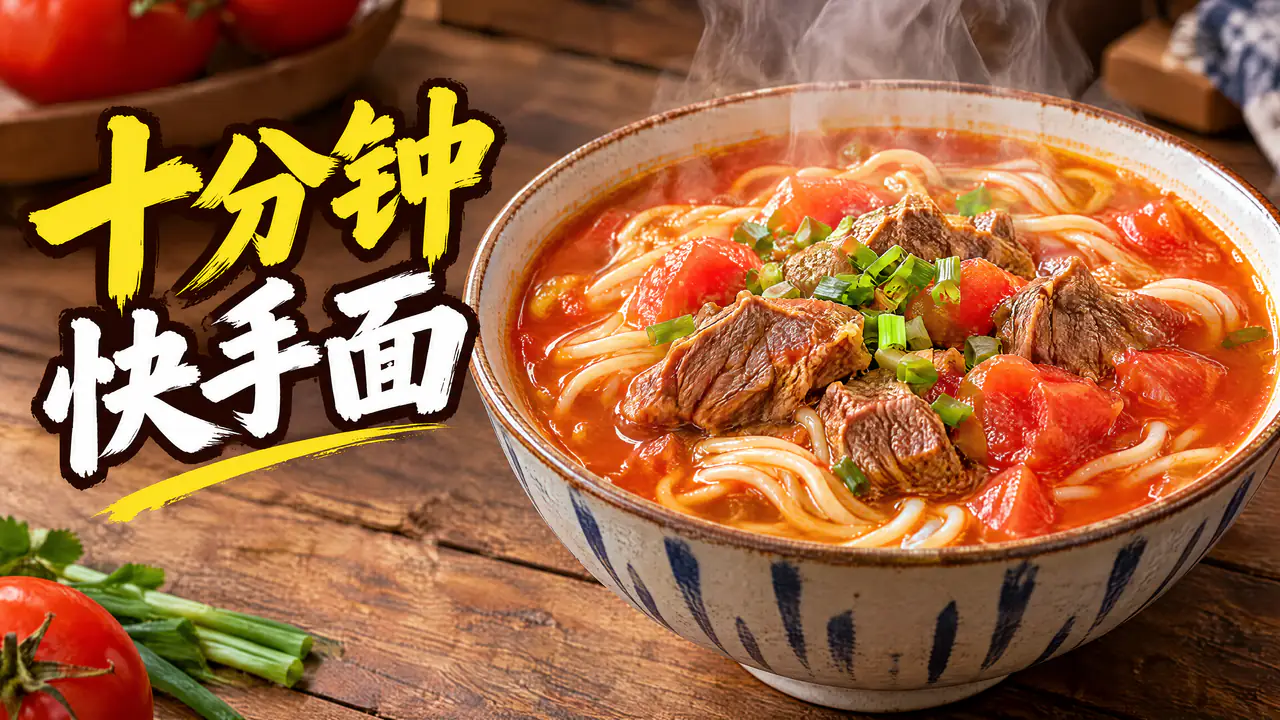 AI-generated 16:9 cooking video thumbnail of a steaming bowl of tomato beef noodles on a wooden table, with a big Chinese title, “十分钟快手面”, on the left