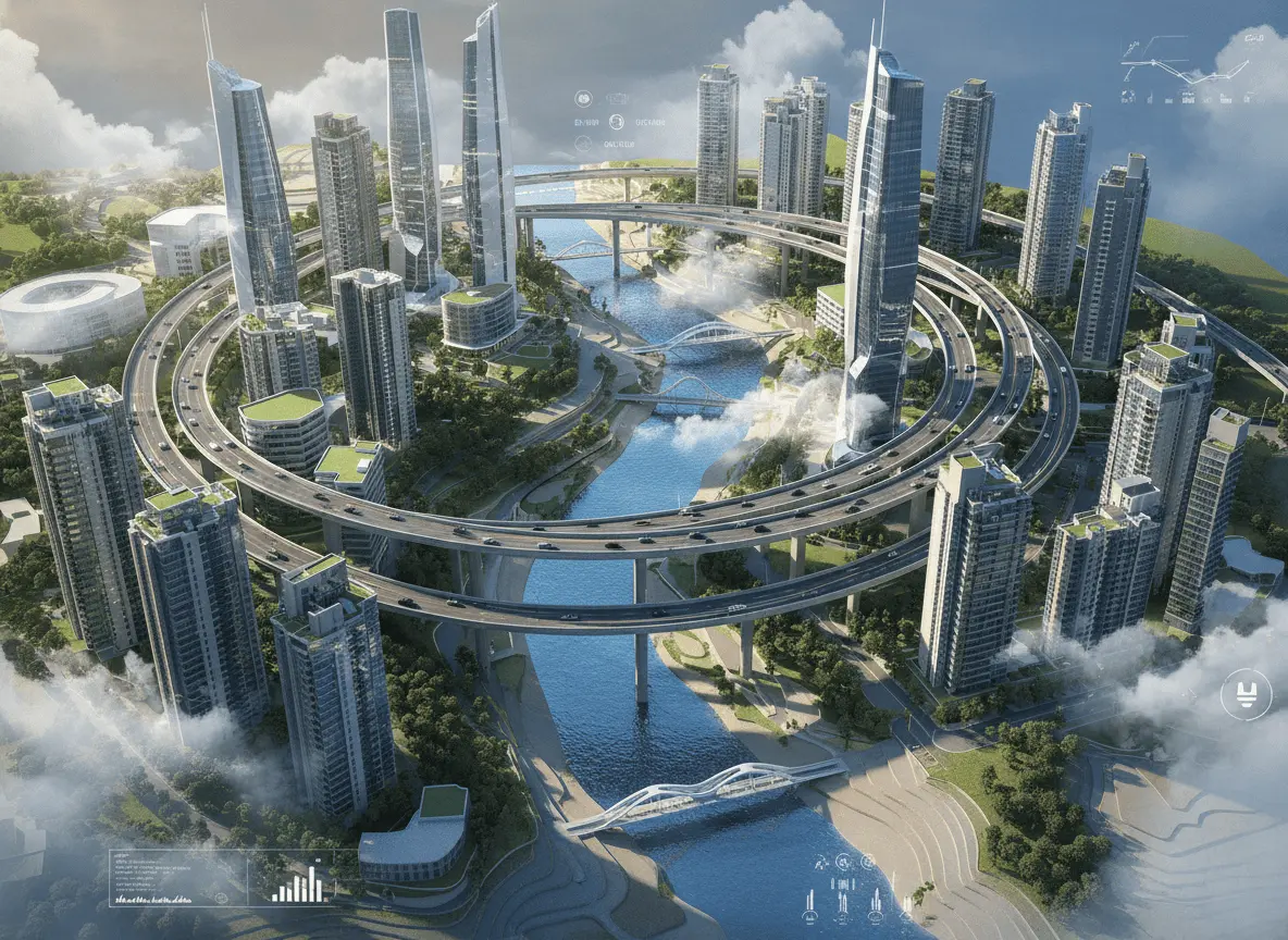 Futuristic city surrounded by clouds, shown as a scene concept